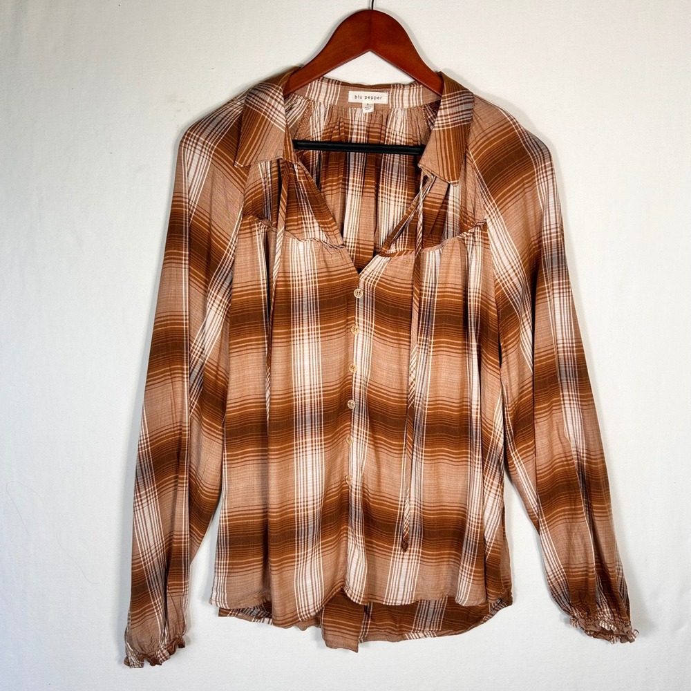 Blu Pepper Womens Brown Plaid Long Sleeve Button Down Blouse Top B2FT1026 Size S